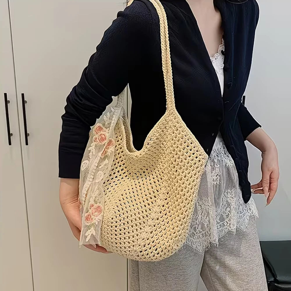 Women's Crochet Tote Bag Ribbon Two Piece Set Large Capacity Hollow Woven Bag