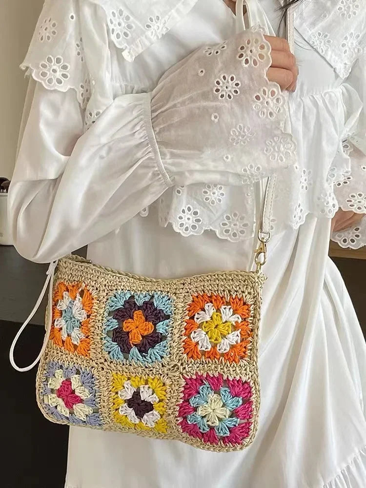 Summer Handmade Crochet Bag Retro Flower Paper Rope Crossbody Shoulder Bag