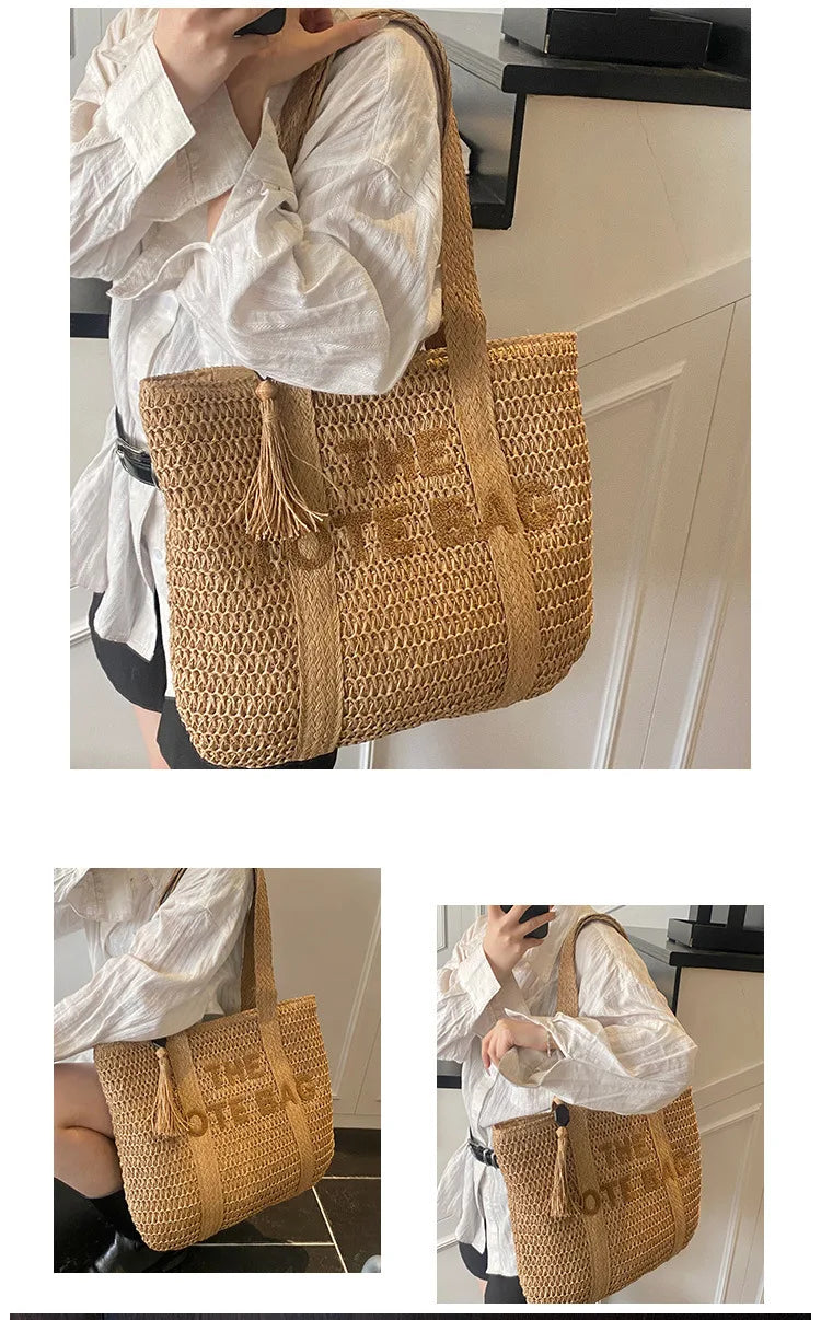 French Style Large Capacity Woven Straw Shoulder Bag For Women Beach Vacation
