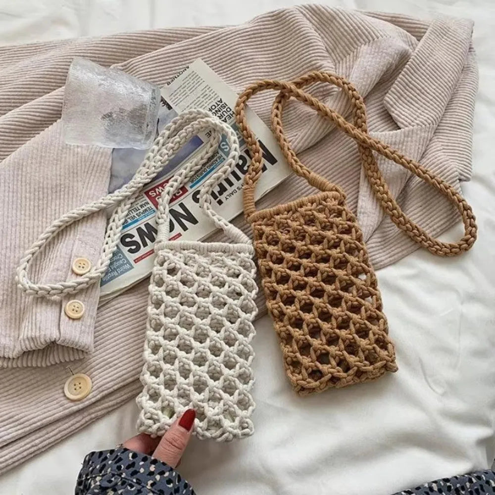 Sac à bandoulière en crochet creux tissé pour téléphone, léger, pour femme