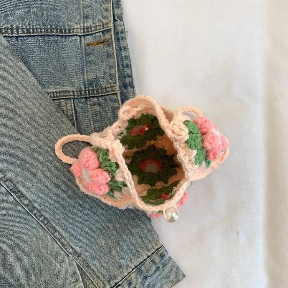 Sweet Handmade Crochet Crossbody Bag Flower Pattern Corduroy Shoulder Bag