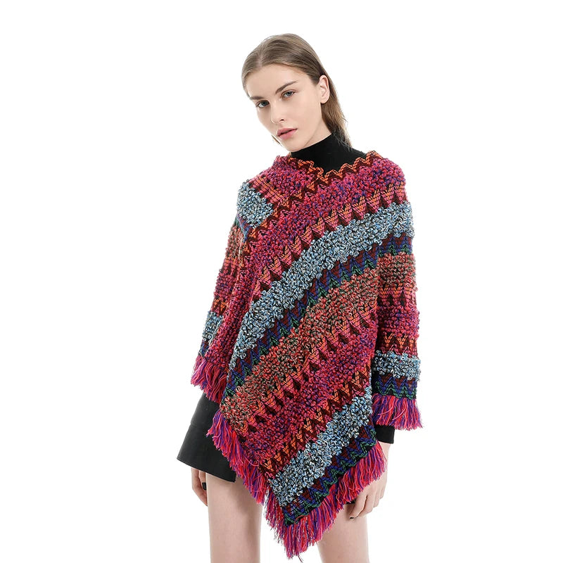 Striped Tassel Knit Shawl For Women Poncho Style Polyester 65x70cm