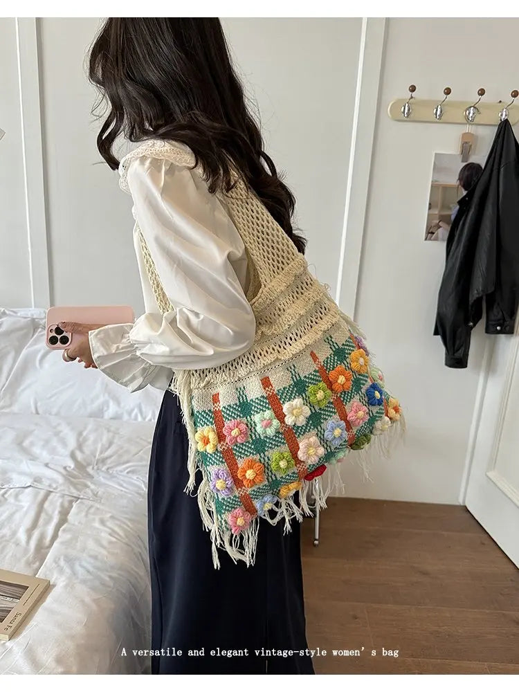 Women's Large Crochet Shoulder Tote Bag For Casual Daily Use School Commute