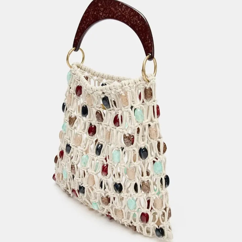 Bohemian Rope Crochet Women Bag Beading Beach Bag Handmade Woven Shoulder Bag