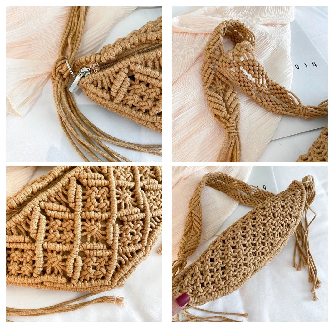Sac tricoté d'été pour femmes, sac banane bohème au crochet, sac bandoulière fourre-tout