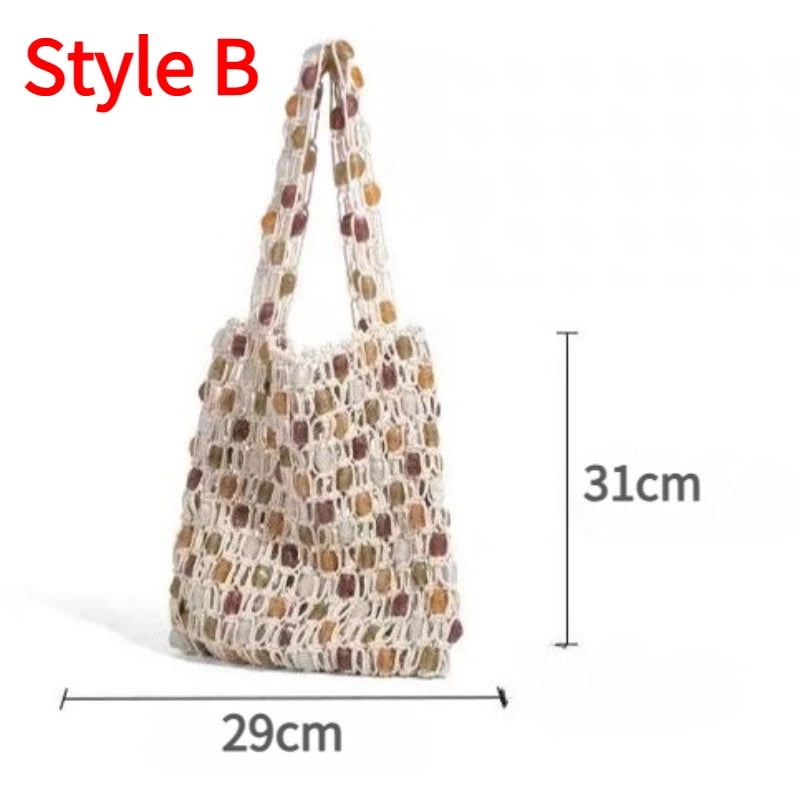 Bohemian Rope Crochet Women Bag Beading Beach Bag Handmade Woven Shoulder Bag