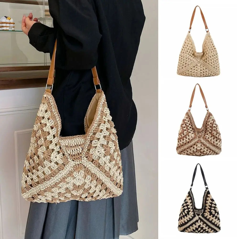 Summer Straw Crochet Bag For Women Beach Shoulder Tote Vacation Bag