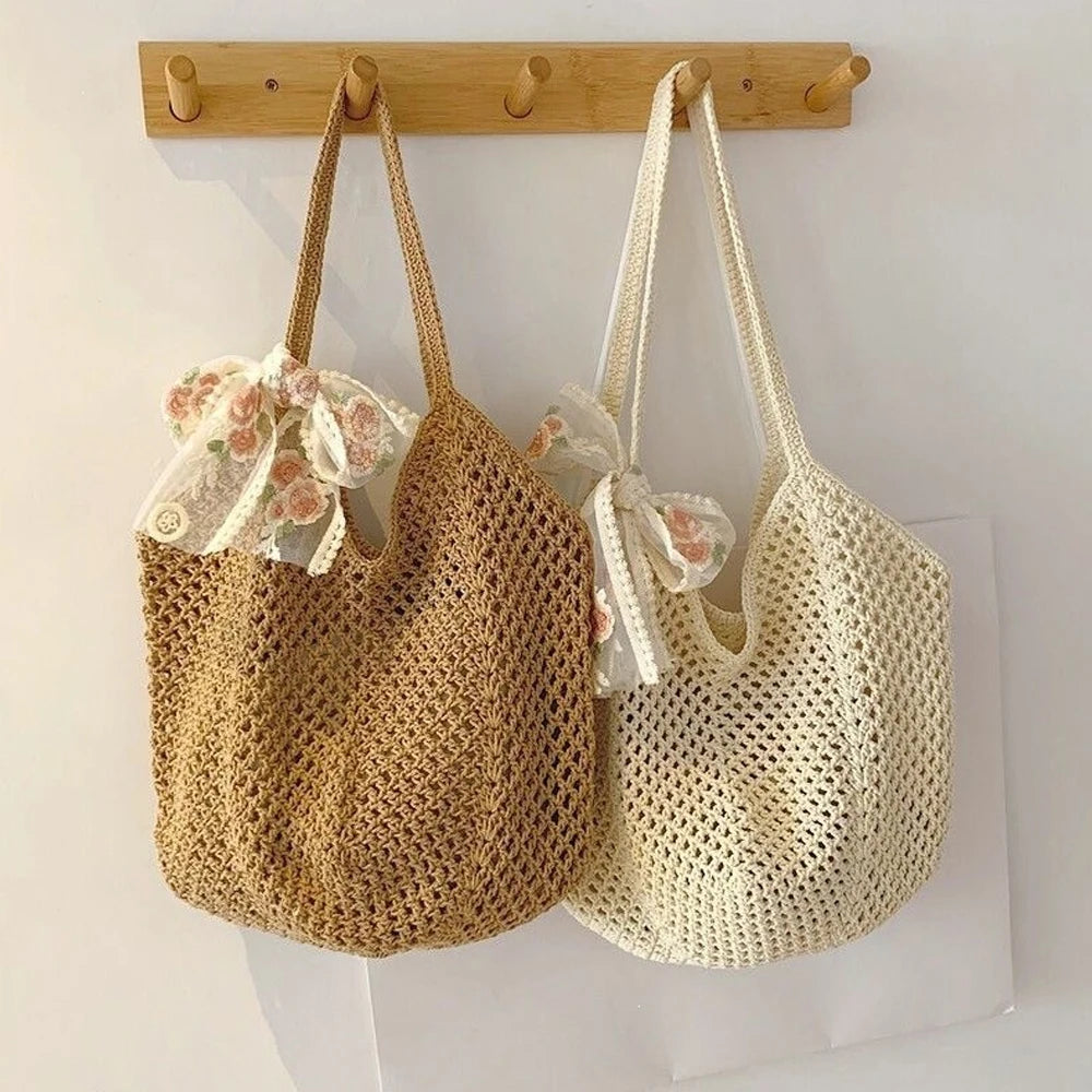 Women's Crochet Tote Bag Ribbon Two Piece Set Large Capacity Hollow Woven Bag