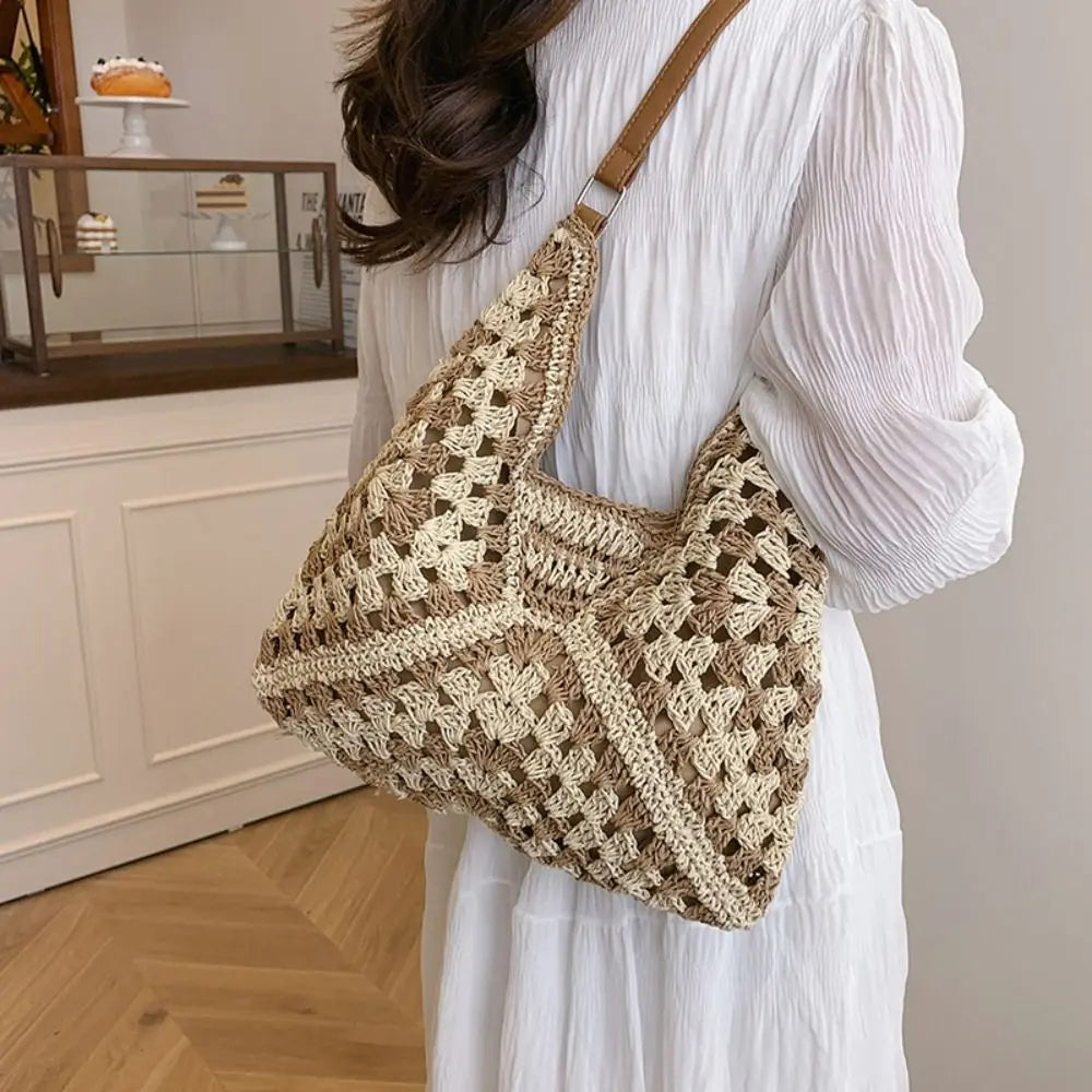 Sac de plage en paille au crochet pour femme Sac à bandoulière de vacances