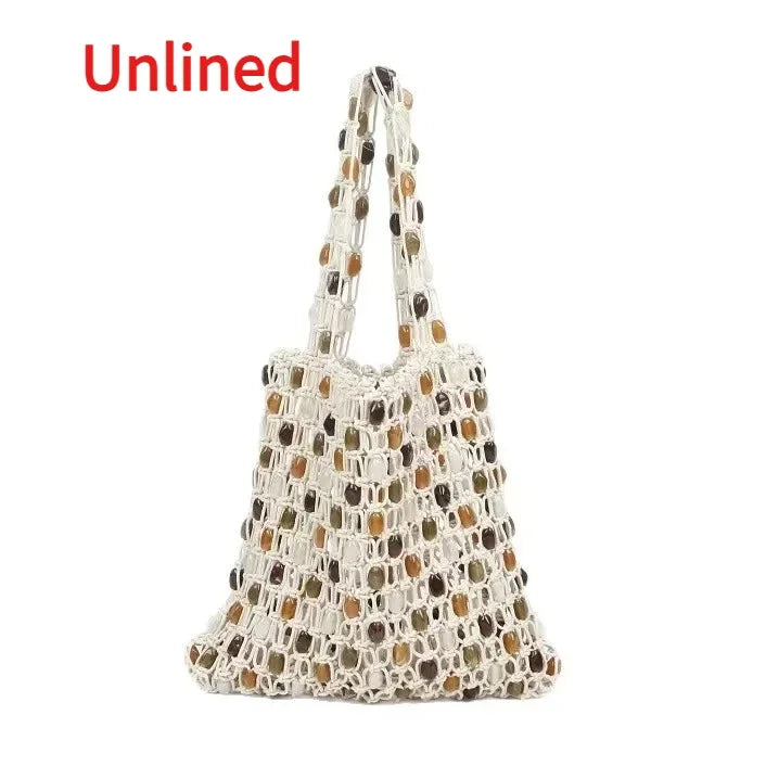 Sac Bohème en Corde au Crochet pour Femme, Sac de Plage Perlé, Sac à Bandoulière Tressé à la Main