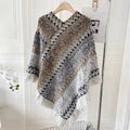 Striped Tassel Knit Shawl For Women Poncho Style Polyester 65x70cm