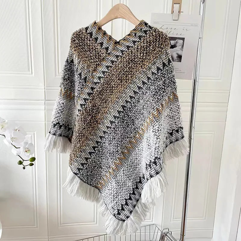 Striped Tassel Knit Shawl For Women Poncho Style Polyester 65x70cm