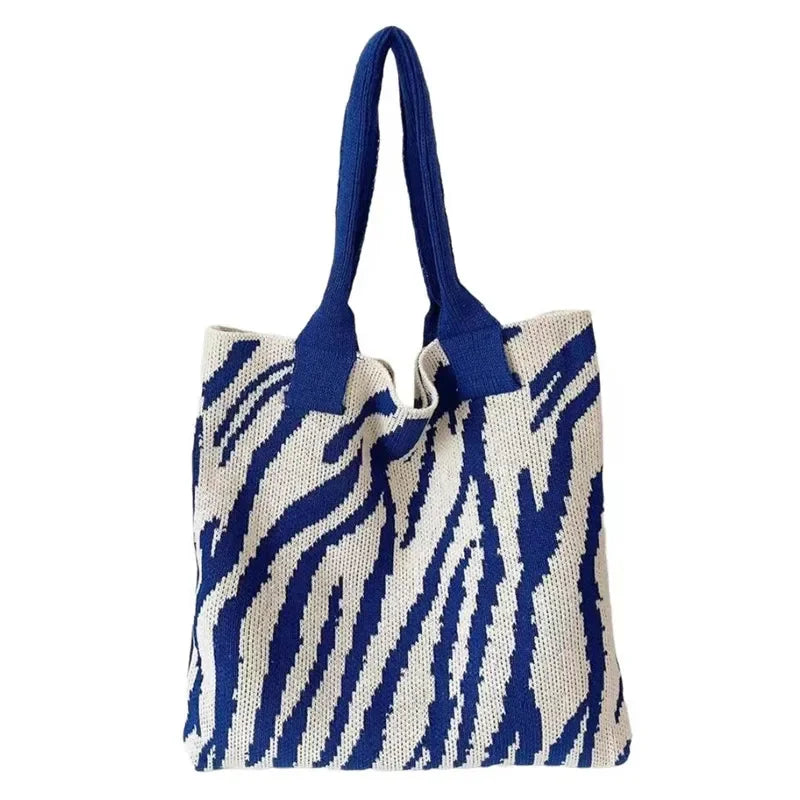 Sac à bandoulière pour femme grande capacité en tricot crochet motif zèbre