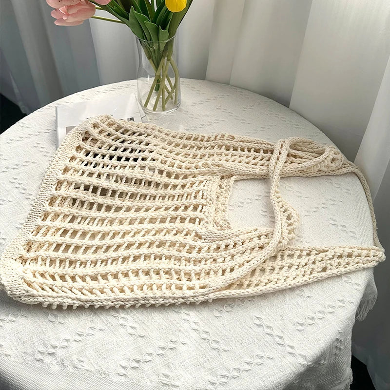 Solid Color Knitting Shoulder Bag Hollow Out Bohemian Crochet Tote For Women