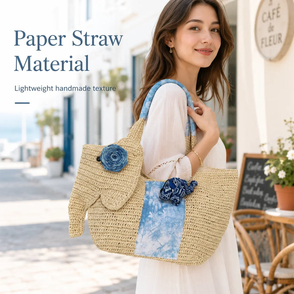 Elephant Straw Woven Tote Bag Handmade Beach Bag Large Capacity