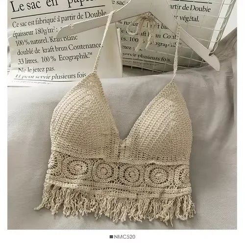 Crochet Bustier Beach Top HollowOut Adjustable Straps Padded Cups Y2K Swimwear