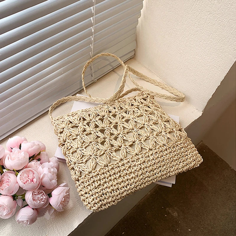Women Beach Woven Straw Shoulder Messenger Bag Boho Crossbody Macrame Purse