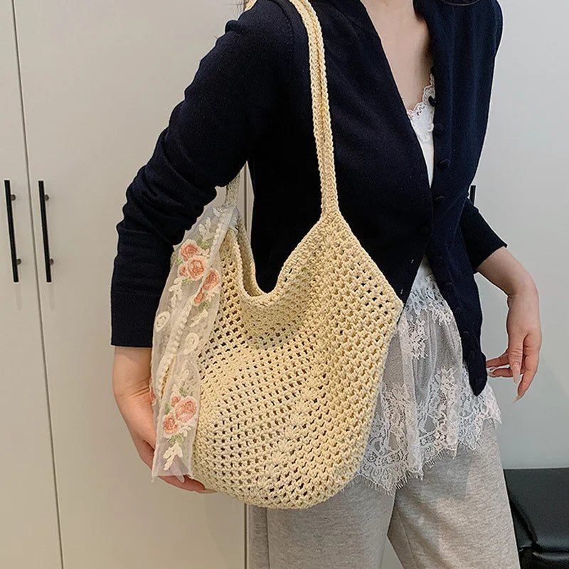 Summer Lace Bow Tote Bag For Women Raffia Rattan Crochet Shoulder Bag 2025