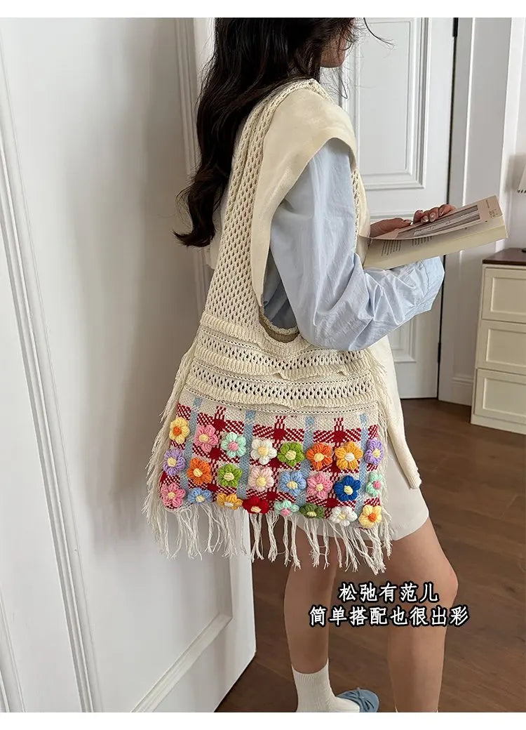 Women's Large Crochet Shoulder Tote Bag For Casual Daily Use School Commute