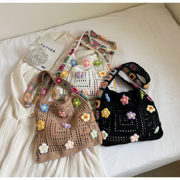 Knitted Tote Bag For Women Handmade Crochet Shoulder Beach Bag Capacity Travel