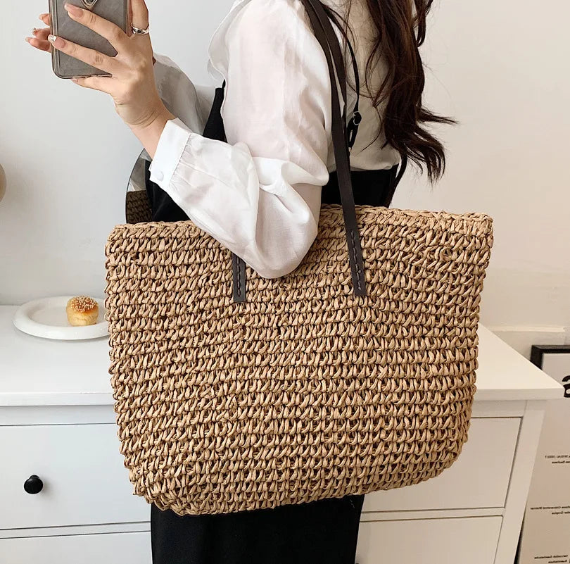 Sac à main pour femme en rotin tressé, sac à bandoulière, grande capacité, sac de plage d'été