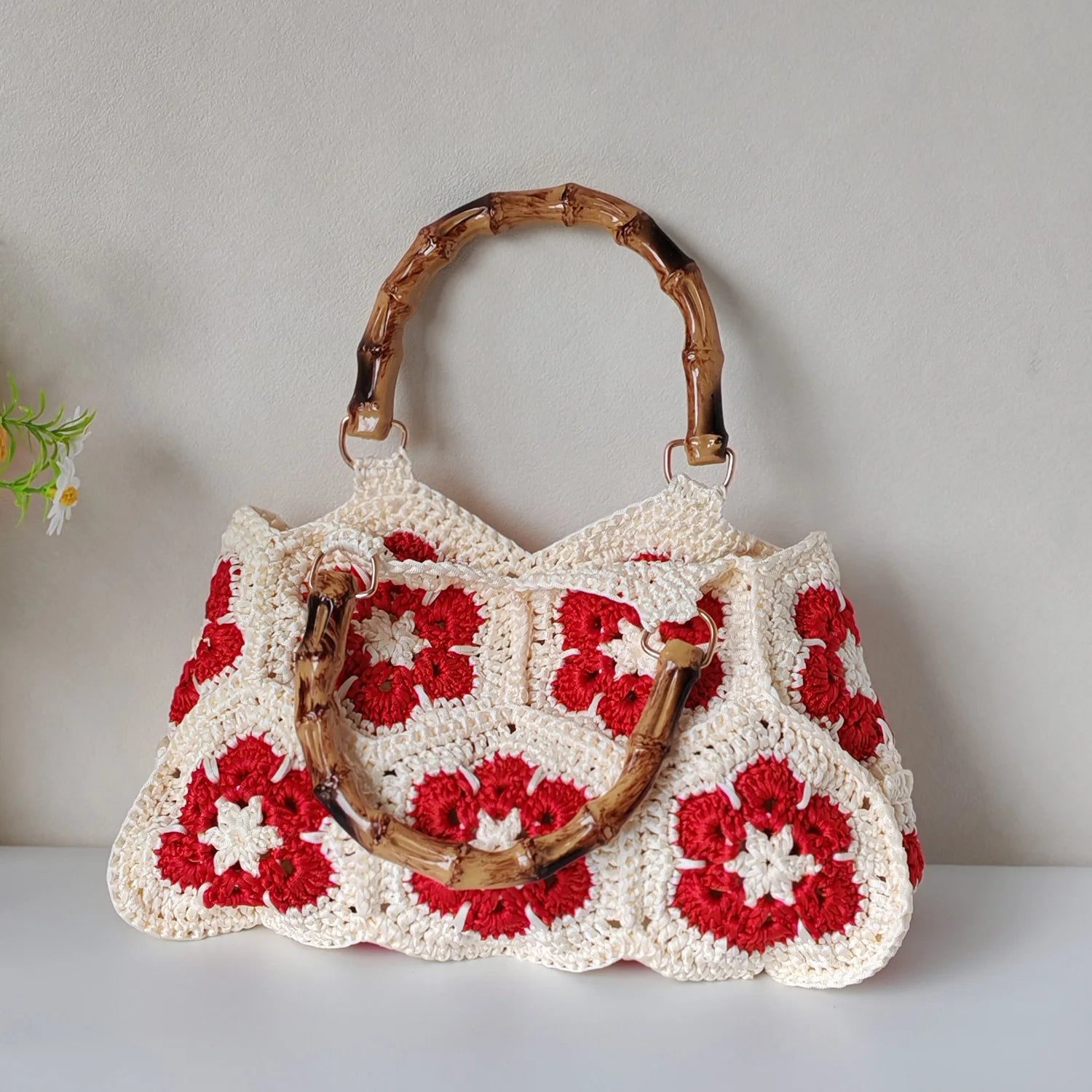 Handmade Crochet Granny Square Tote Bag With Bamboo Style Handle Vintage Flower