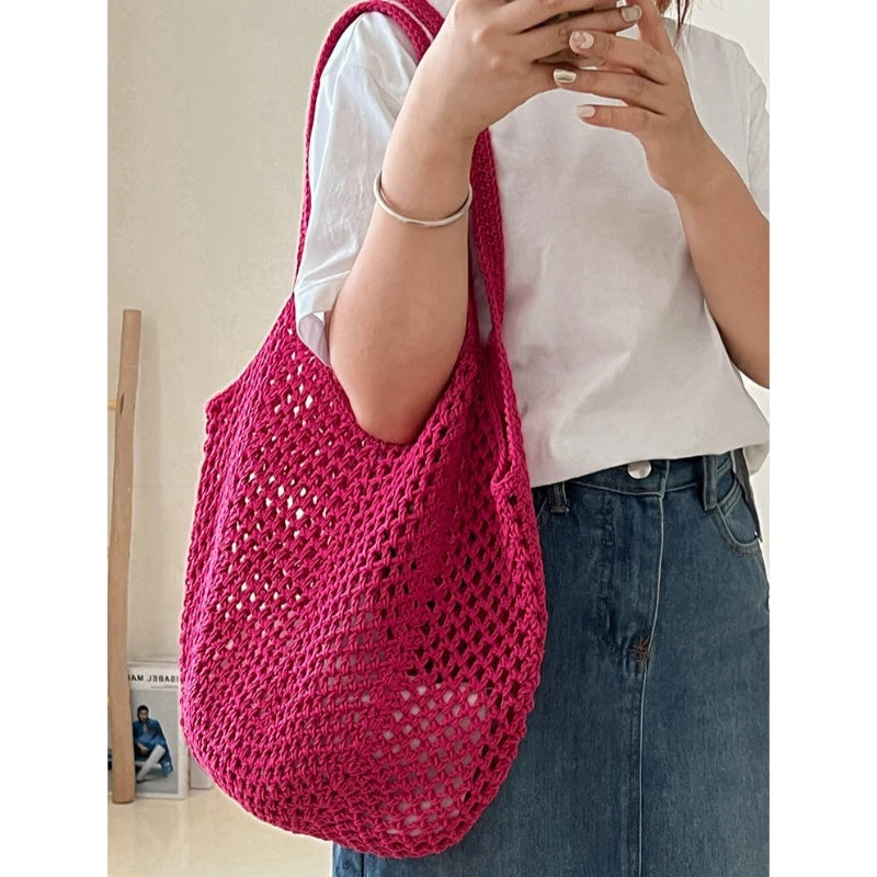 Big Capacity Knitting Shoulder Bag Tote for Summer Mesh Beach Bag Women