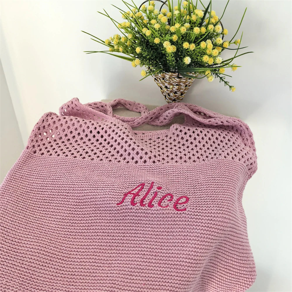 Personalized Knitted Wool Tote Bag Women Custom Embroidered Name Shopping Bag