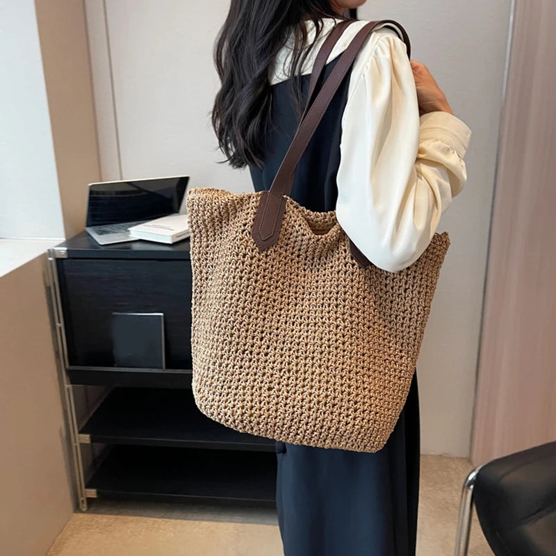 Women Bohemian Straw Shoulder Bag Large Crochet Tote For Beach Summer Woven