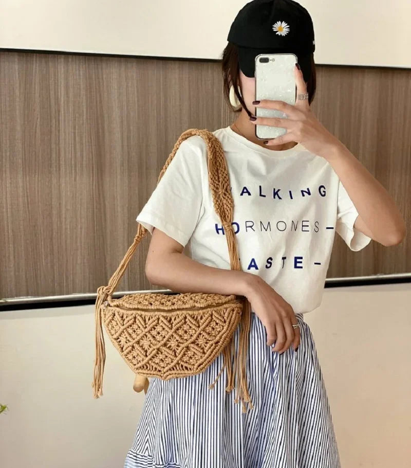 Women Summer Beach Knitted Bag Bohemian Crochet Waist Fanny Pack Shoulder Tote