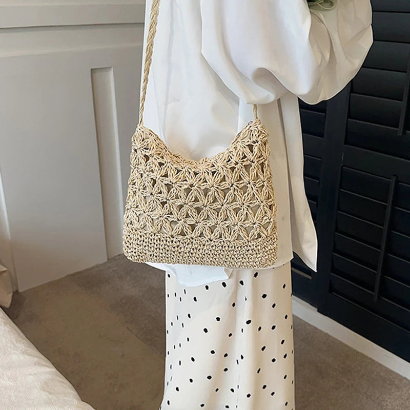 Women Beach Woven Straw Shoulder Messenger Bag Boho Crossbody Macrame Purse