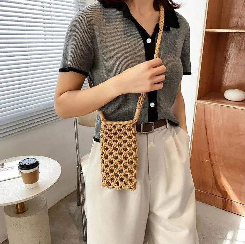 Hollow Out Woven Crochet Crossbody Phone Bag Women Lightweight Shoulder Bag