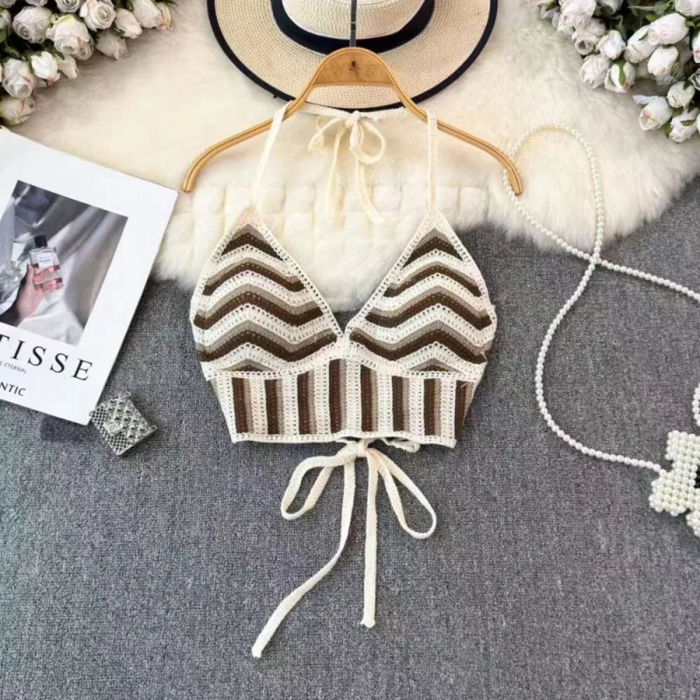 Bohemian Crochet Backless Hollow Out Tank Top For Women Beachwear Striped Knit
