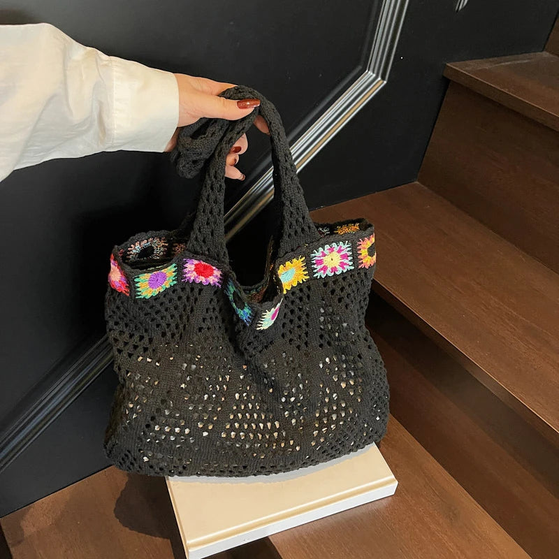 Bohemian Handmade Beach Tote Bag Beads Trim Straw Crochet Women Shoulder Bag