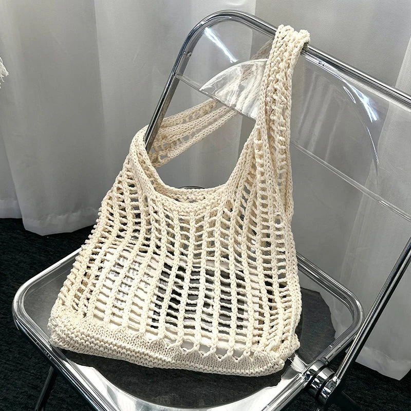 Solid Color Knitting Shoulder Bag Hollow Out Bohemian Crochet Tote For Women