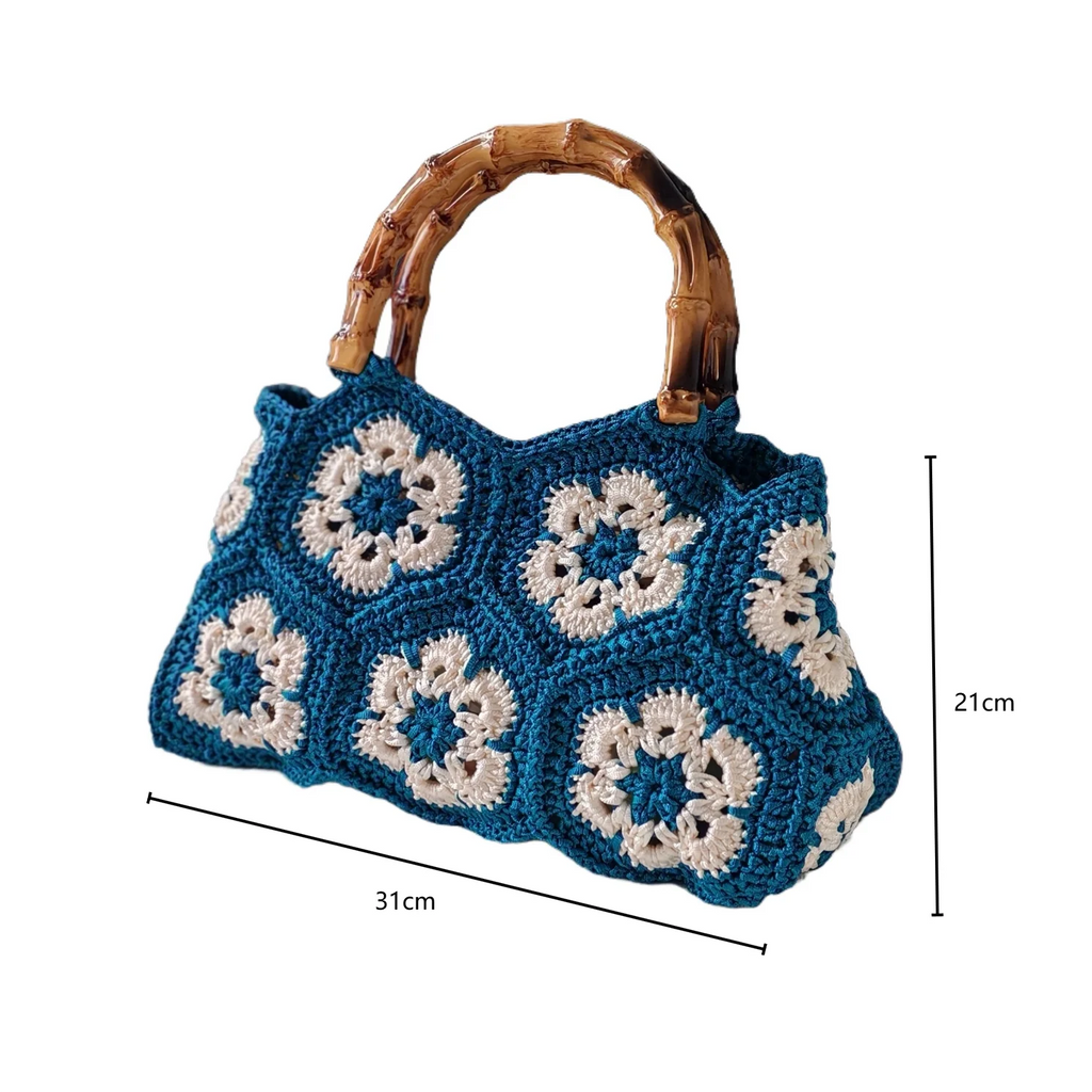Handmade Crochet Granny Square Tote Bag With Bamboo Style Handle Vintage Flower