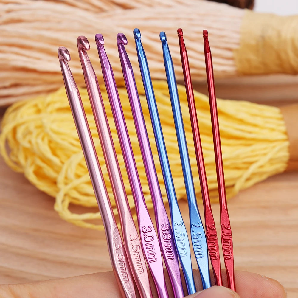Ensemble de 8 crochets à poignée métallique en aluminium coloré, tailles de 2 mm à 3,5 mm