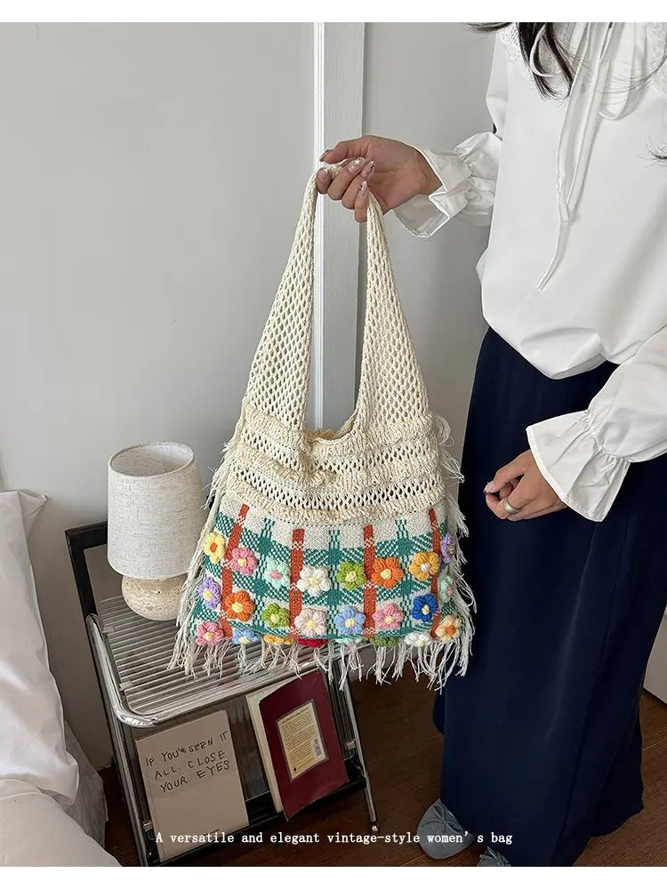 Women's Large Crochet Shoulder Tote Bag For Casual Daily Use School Commute