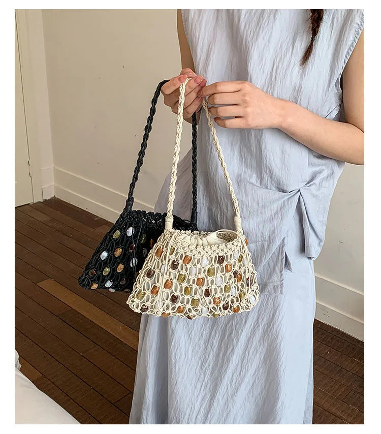 Hollow Beading Womens Shoulder Bag Rope Knitting Bohemian Crochet Mesh Tote Bag