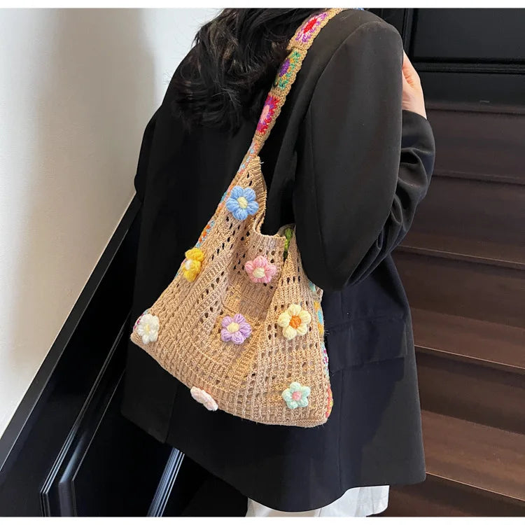 Knitted Tote Bag For Women Handmade Crochet Shoulder Beach Bag Capacity Travel