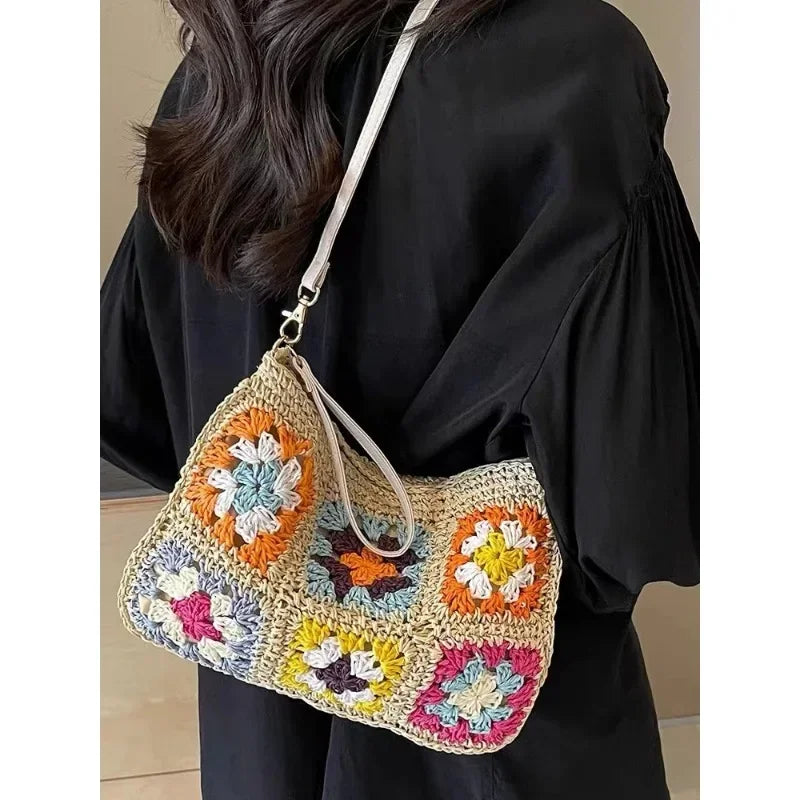 Summer Handmade Crochet Bag Retro Flower Paper Rope Crossbody Shoulder Bag