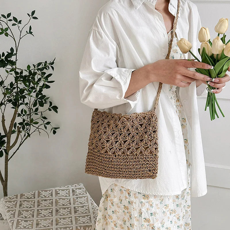 Women Beach Woven Straw Shoulder Messenger Bag Boho Crossbody Macrame Purse