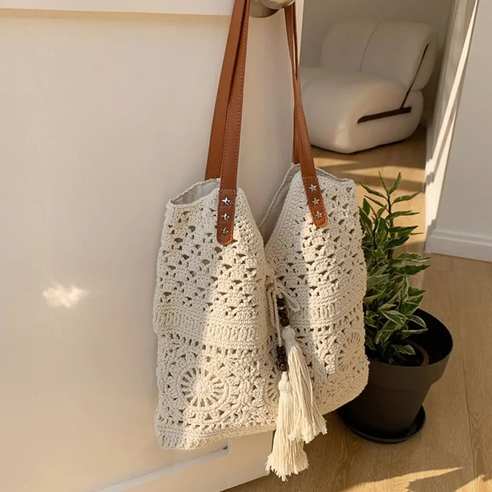 Bohemian Crochet Tote Bag Large Capacity Boho Weave Ethnic Beach Style Bag