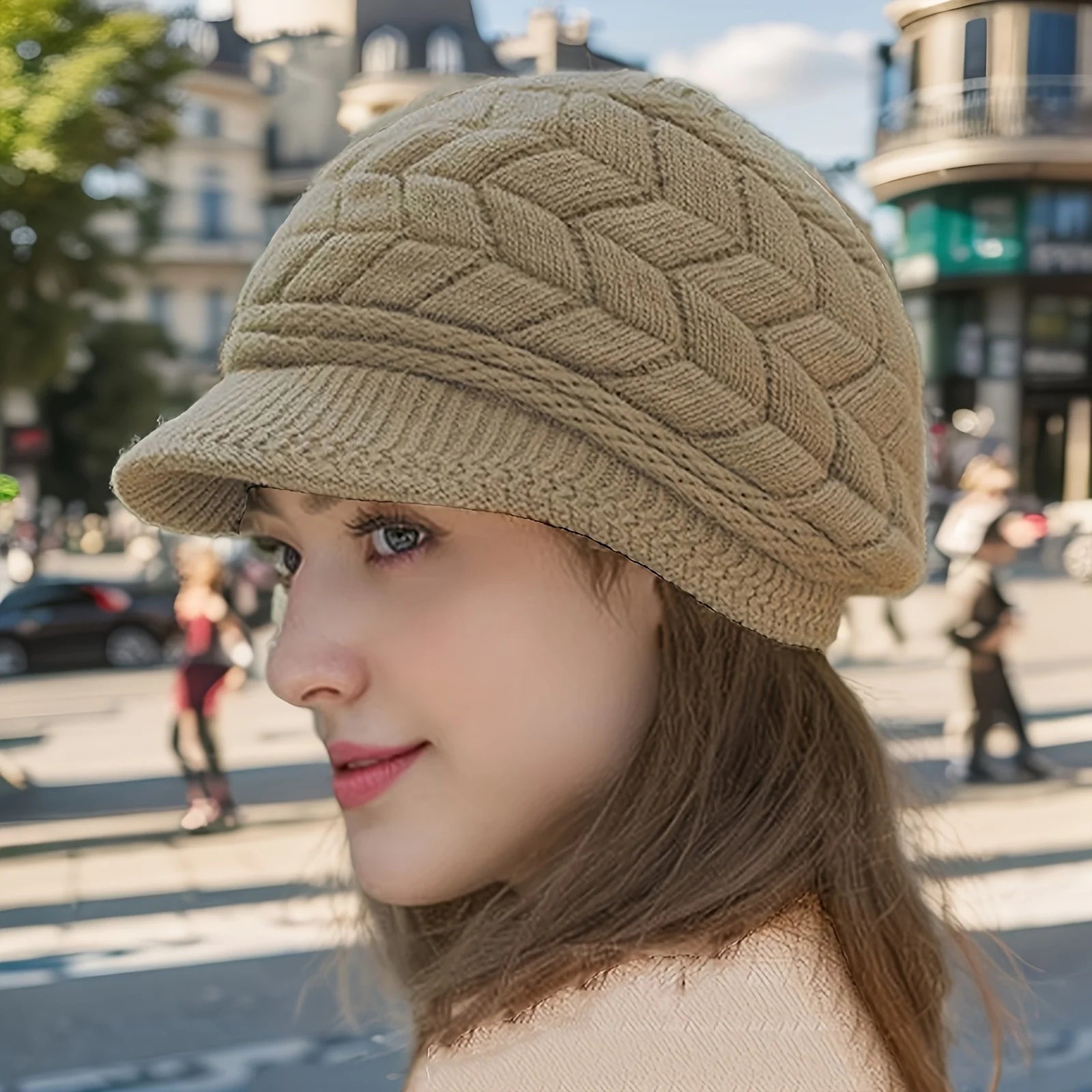 Bonnet en tricot d'hiver rétro pour femme avec visière pour la course à pied et le ski en extérieur