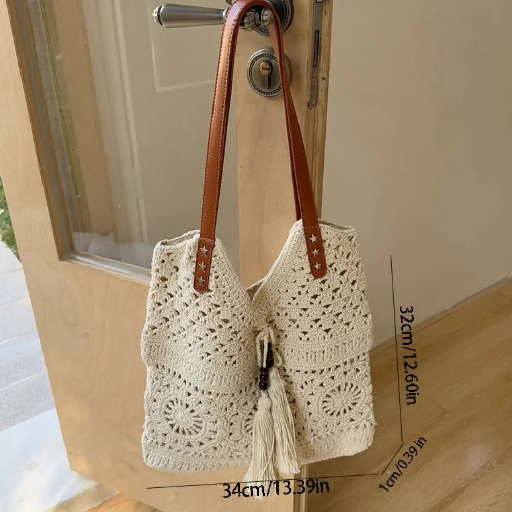 Bohemian Crochet Tote Bag Large Capacity Boho Weave Ethnic Beach Style Bag