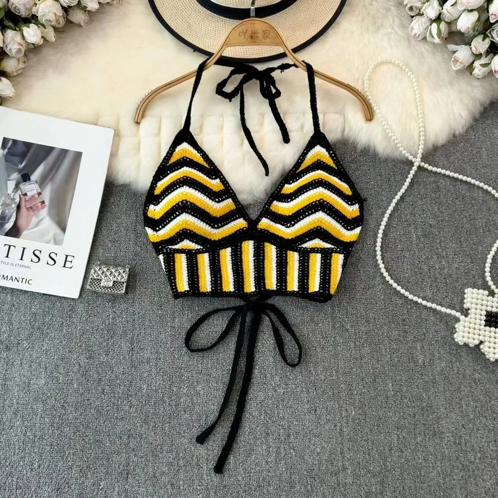 Bohemian Crochet Backless Hollow Out Tank Top For Women Beachwear Striped Knit
