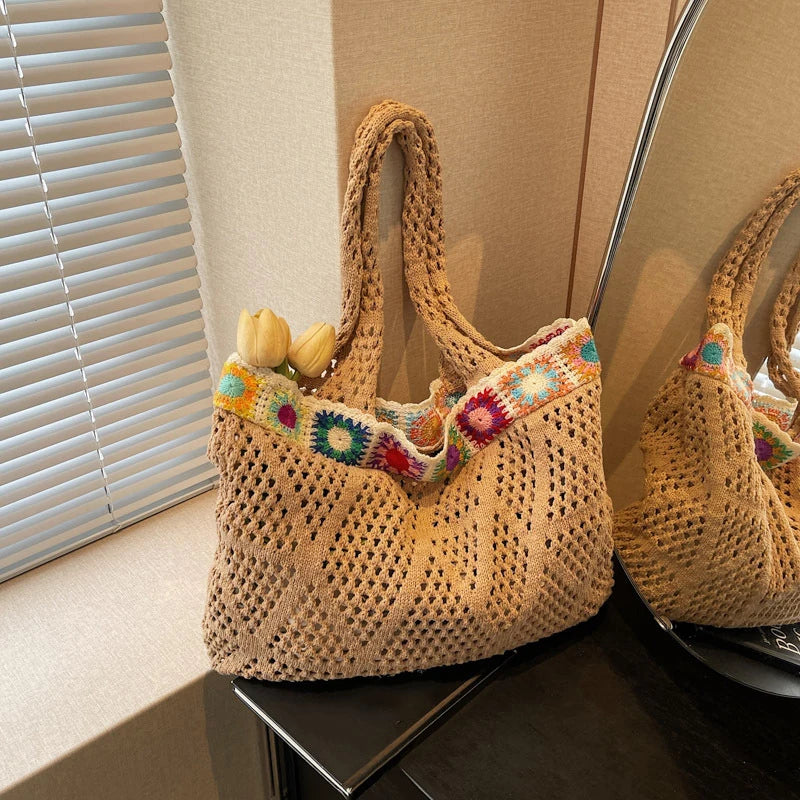 Bohemian Handmade Beach Tote Bag Beads Trim Straw Crochet Women Shoulder Bag
