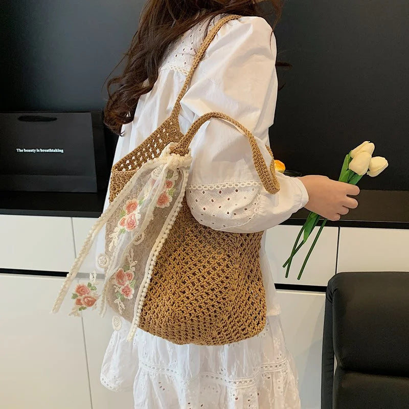 Summer Lace Bow Tote Bag For Women Raffia Rattan Crochet Shoulder Bag 2025