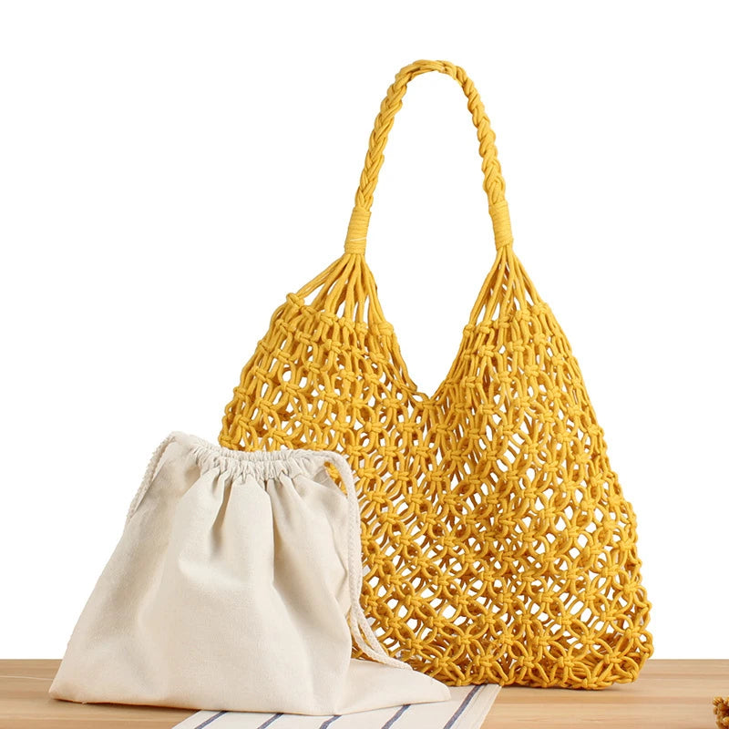 Sac à bandoulière en crochet ajouré avec poche intérieure pour femme, sac fourre-tout de couleur unie