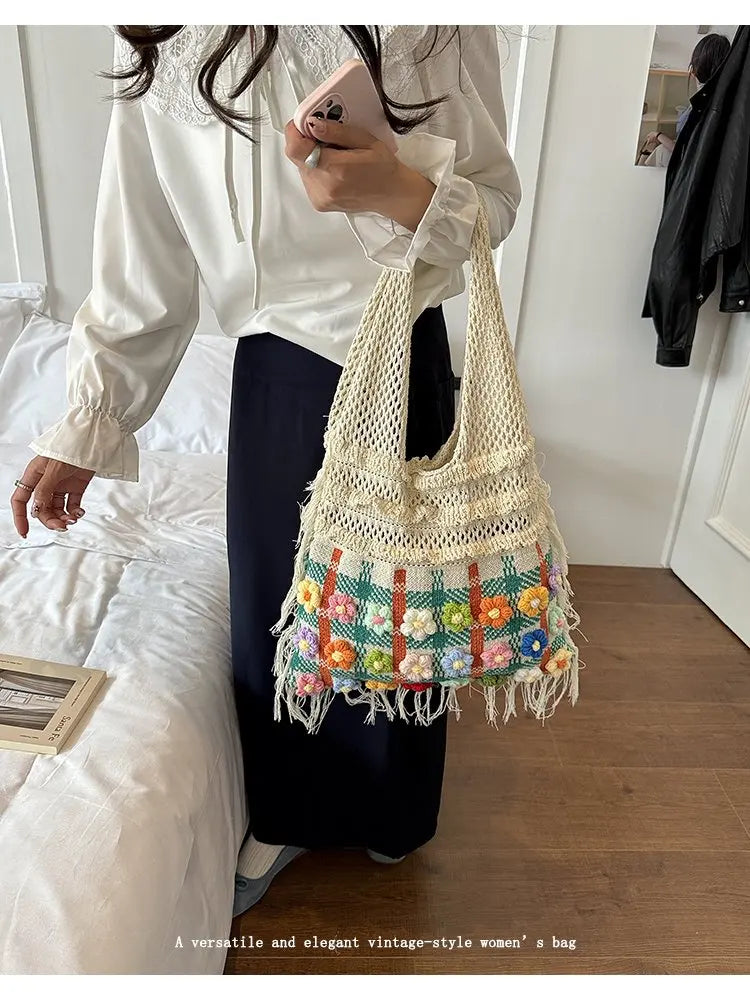 Women's Large Crochet Shoulder Tote Bag For Casual Daily Use School Commute